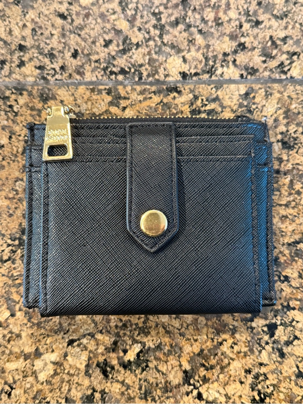 Steve Madden Black Saffiano Card Wallet with Gold Logo Bar | Snap Repaired